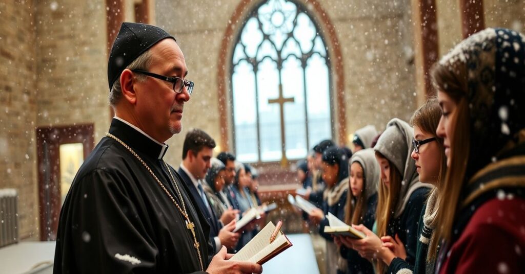 Scena katolickiej szkoły w burzy śnieżnej, gdzie tradycyjny ksiądz w sutannie i birzecie prowadzi grupę uczniów w modlitwie.
