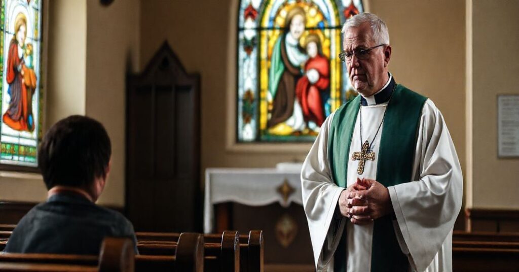 Kapelan w tradycyjnych szatach liturgicznych rozmawia z młodym człowiekiem w kościele. Scena symbolizuje katolicką perspektywę na kryzys tożsamości płciowej.