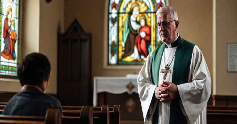Kapelan w tradycyjnych szatach liturgicznych rozmawia z młodym człowiekiem w kościele. Scena symbolizuje katolicką perspektywę na kryzys tożsamości płciowej.