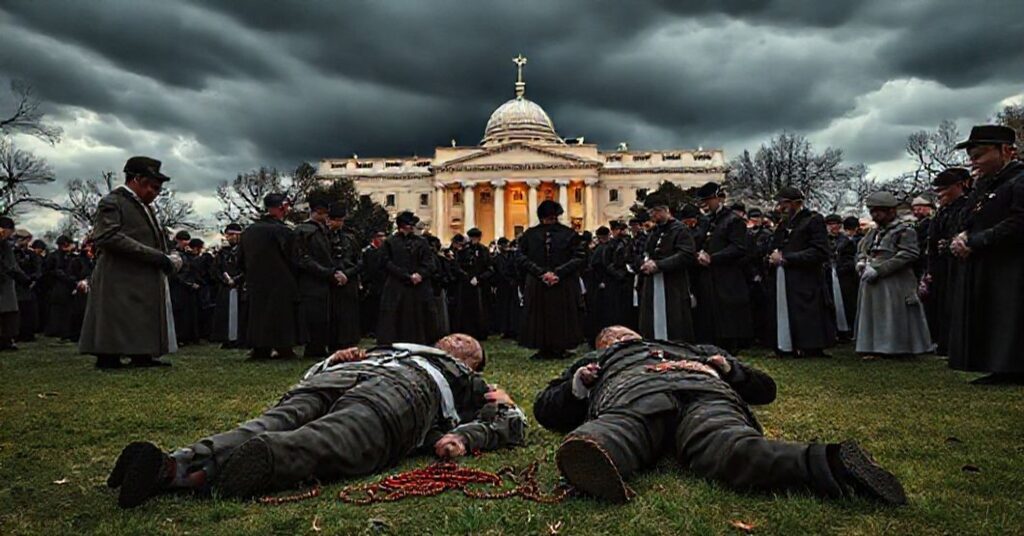 Poważna katolicka scena w Waszyngtonie koło Białego Domu z dwoma rannymi żołnierzami Gwardii Narodowej otoczonymi modlącymi się katolikami w tradycyjnych szatach z różańcami.