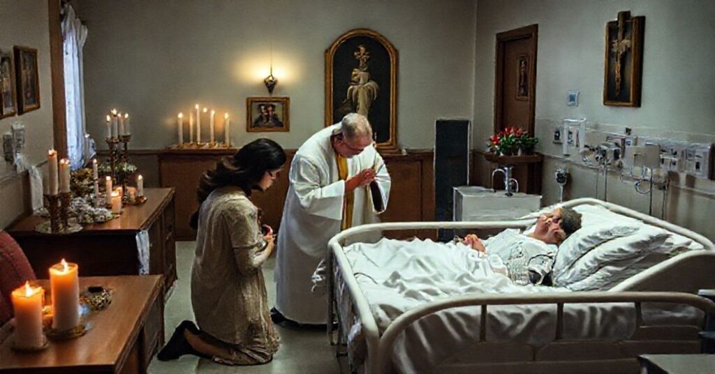 Kaplica szpitalna z tradycyjnymi katolickimi elementami, kapłan udzielający sakramentu chorym, rodzina w modlitwie.