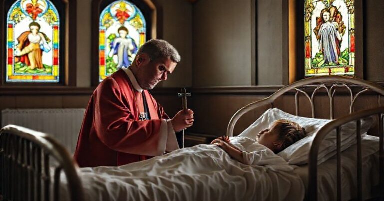Ksiądz w tradycyjnych szatach liturgicznych udzielający sakramentu chorym dziecku w hospicjum. Scena pełna pokory i duchowej głębi.