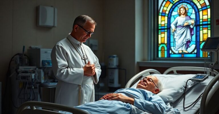 Ksiądz w tradycyjnych szatach modli się nad starszym pacjentem w szpitalu w odwołaniu do katolickiej opieki medycznej.