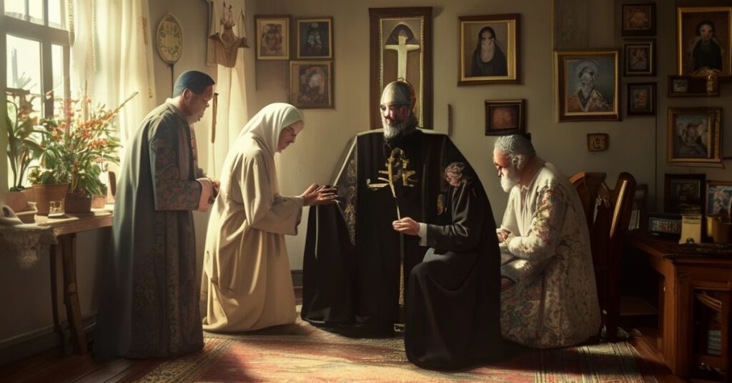 Starzy katolicy modlący się przed krzyżem, opiekujący się dzieci i księż administrujący sakrament namaszczenia