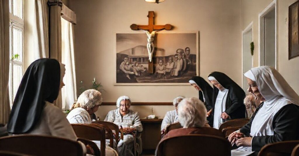 Starsze osoby w tradycyjnym katolickim domu opieki otrzymują troskliwą opiekę od sióstr zakonnych w habitach, z krzyżem dominującym na tle i fotografią przedwojennych przytułków prowadzonych przez zakonnice.
