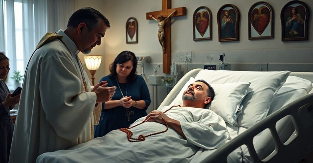 Kapłan udzielający sakramentu namaszczenia chorych ciężko choremu mężczyźnie w szpitalnym łóżku, otoczonemu modlącą się rodziną z różańcami. Scena jest poważna i szacunkowa, z delikatnym oświetleniem podkreślającym duchową opiekę i godność ludzkiego życia.