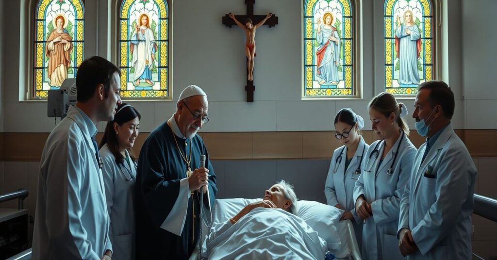 Szpital katolicki z tradycyjnym kapłanem udzielającym ostatniego namaszczenia chorego pacjenta