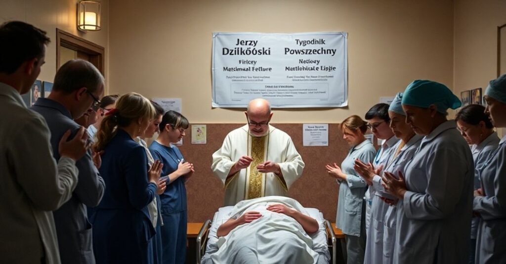 Kaplica szpitalna z kapłanem udzielającym sakramentów chorym pacjentom w otoczeniu personelu medycznego w modlitwie. Tło przedstawia plakat z nazwiskami Jerzego Dziekońskiego i "Tygodnik Powszechny".