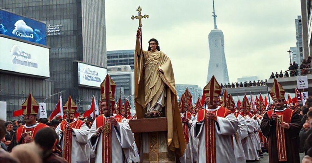 Procesja katolicka z figurą Chrystusa Króla przed budynkami rządowymi z cybernadzorem w Kanadzie.