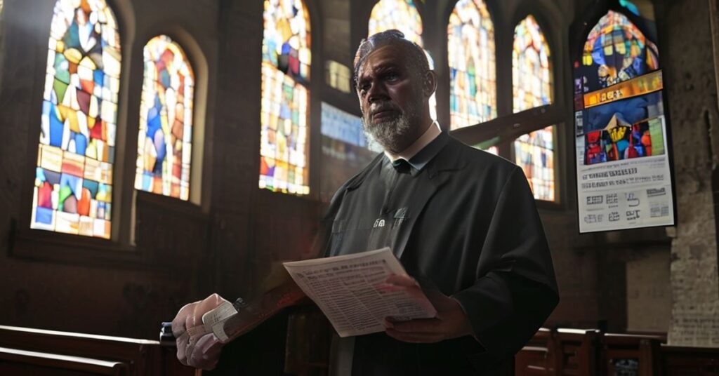 Młody katolik w tradycyjnym koście trzymający kartkę z przekreślonym "MB Wallet". Tło jest tłem o cyfrowym ID zdrowotnym w Manitobie.