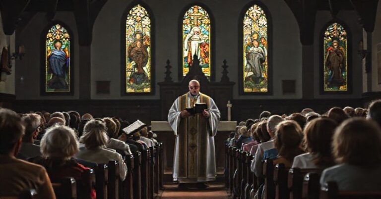 Tradycyjny wnętrze kościoła z księdzem w ornaty na ołtarzu, trzymającym Biblię w obecności zaniepokojonej parafii. Scena jest przygaszona z naturalnym światłem przelewającym się przez witraże przedstawiające tradycyjnych świętych katolickich. Twarz księdza jest poważna podczas przemawiania do parafian na temat moralnego upadku promowanego w współczesnych mediach.