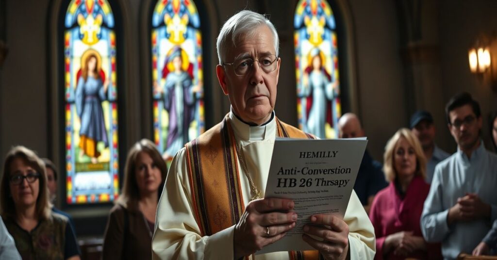 Czcigodny ksiądz katolicki w tradycyjnych szatach liturgicznych stojący przed grupą zaniepokojonych parafian w ciemniejącym wnętrzu kościoła.