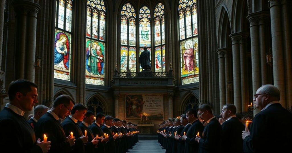 Katedra katolicka z witrażami przedstawiającymi Mękę Chrystusa, grupa księży sedewakantystów w sutannach modląca się przy świecach, budynek rządowy we Francji symbolizujący kontrowersję wokół eutanazji.