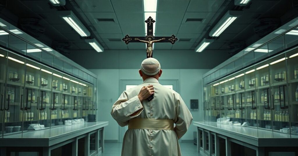 Biskup katolicki w tradycyjnych szatach liturgicznych stoi przed laboratorium symbolizującym system PABS WHO z groźnymi fiolkami patogenów i elementami cyfrowego nadzoru na tle. Biskup trzyma krzyż przeciwko laboratorium.