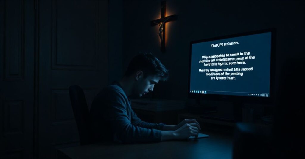 Ciemna scena pokoju z młodym człowiekiem przy komputerze z widokiem na ChatGPT; w tle krzyż, atmosfera desperacji i duchowego zaniedbania.