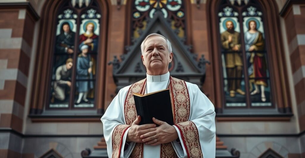 Katolicki ksiądz w tradycyjnych szatach liturgicznych stoi przed historycznym kościołem polskim, trzymając książkę modlitw, symbolizując zapomnianą duchową wymiar polskiej pamięci narodowej.
