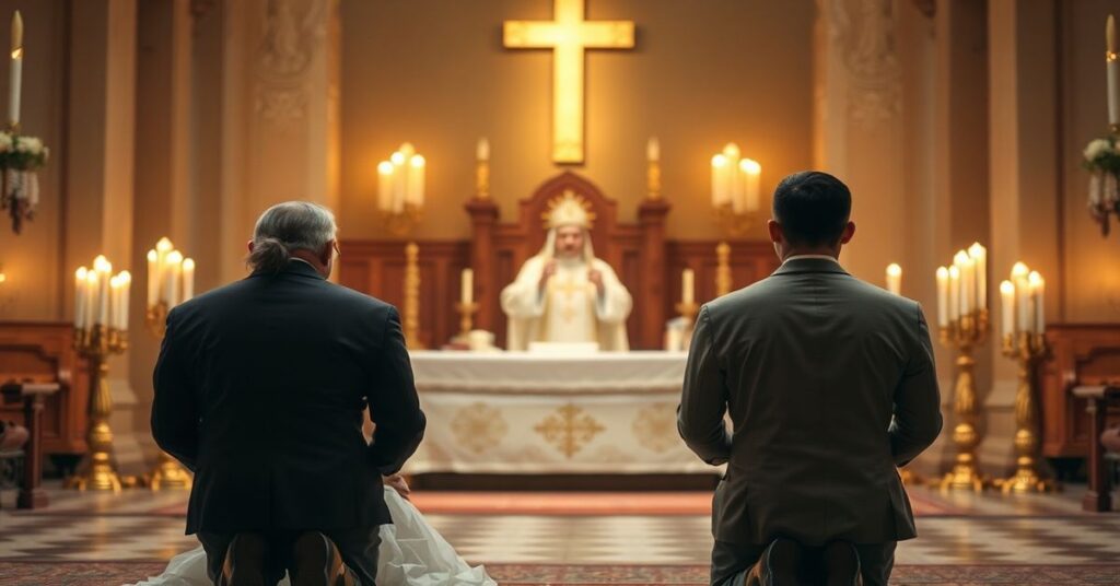 Parę katolicką modląca się przed tradycyjnym ołtarzem z księdzem w sutannie w tle, symbolizującą kryzys małżeństwa i płodności w USA.