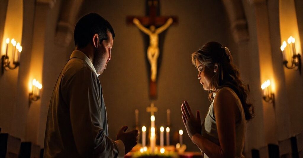 Tradycyjna katolicka para modląca się przed krzyżem w kościele, symbolizując prawdziwą miłość chrześcijańską