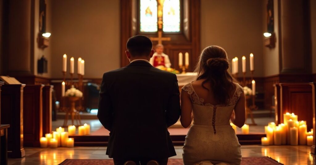 Parę katolicką modlącą się przed ołtarzem w tradycyjnym kościele, podkreślając sakramentalny wymiar małżeństwa