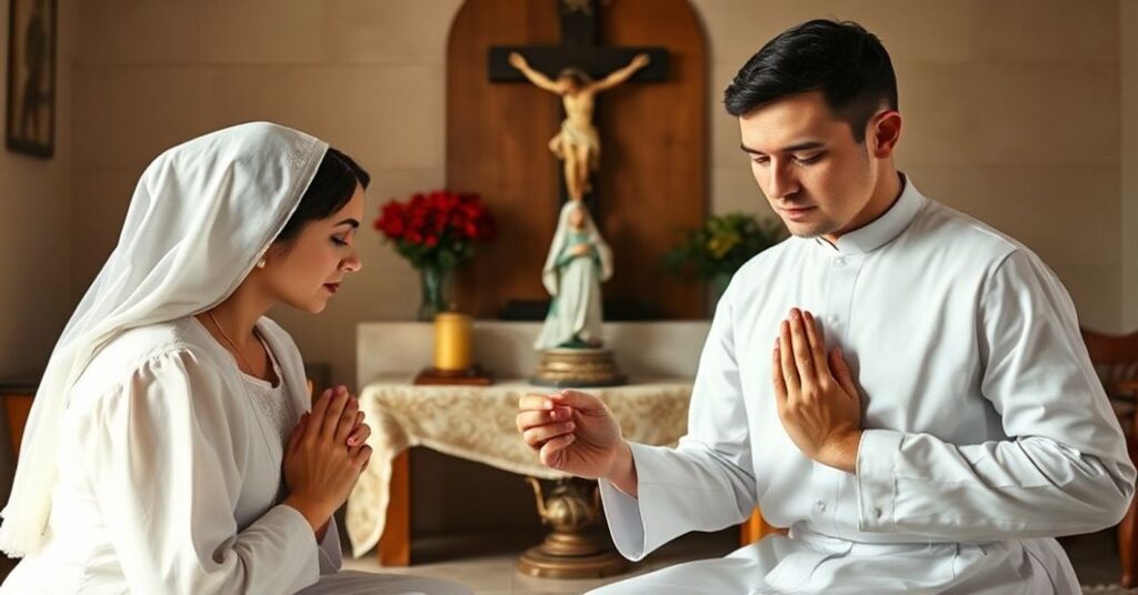 Pobożna para modlących się katolików w tradycyjnym stroju przed krucyfiksem w domu