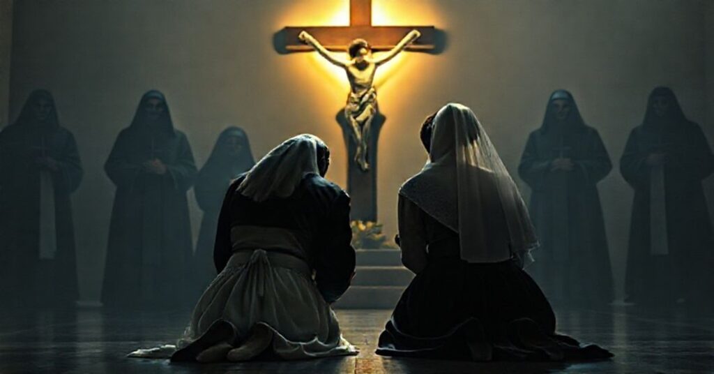 Parzysta katolicka w tradycyjnym stroju modląc się przed krucyfiksem, otoczona ciemnymi postaciami symbolizującymi nowoczesne oszustwa.