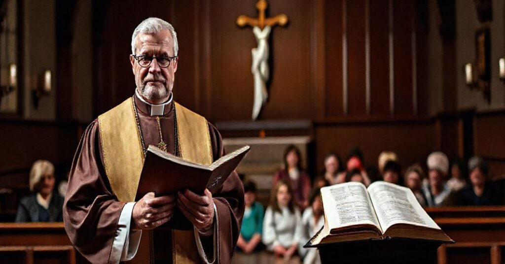 Ks. w tradycyjnym stroju kościelnym trzyma księgę Sumy Teologii św. Tomasza przed grupą rodziców i dzieci w kościele, symbolizując spor o wychowanie dzieci w duchownej tradycji katolickiej.