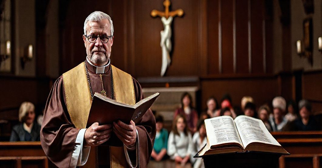 Ks. w tradycyjnym stroju kościelnym trzyma księgę Sumy Teologii św. Tomasza przed grupą rodziców i dzieci w kościele, symbolizując spor o wychowanie dzieci w duchownej tradycji katolickiej.