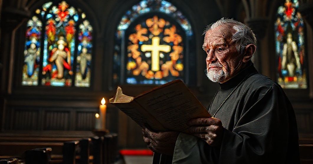 Stary ksiądz w tradycyjnej sutannie trzyma Syllabus błędów przed komputerem AI w kościele