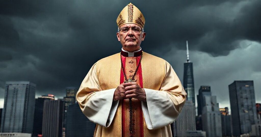 Ksiądz w tradycyjnych szatach liturgicznych stoi przed współczesnym widokiem miasta finansowego, trzymając różaniec podczas zbliżającej się burzy, symbolizującej moralny kryzys globalnego zadłużenia jako konsekwencji odrzucenia Chrystusa Króla.