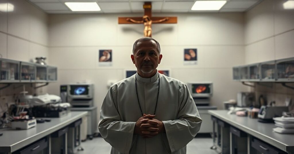 Solemne widok laboratorium in vitro z perspektywy katolickiej podkreślający moralny dylemat życia ludzkiego.