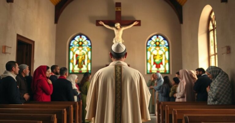 Sobór katolicki przedstawiający księdza w tradycyjnych szatach liturgicznych przed krzyżem z uchodźcami na tle, symbolizujący prześladowania chrześcijan i konieczność interwencji Bożej w globalnych kryzysach.