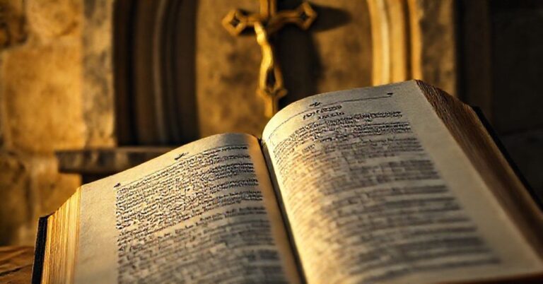 Stary katolicki brewiarz otwarty na święto Chrystusa Króla z krzyżem na tle ołtarza kamiennego