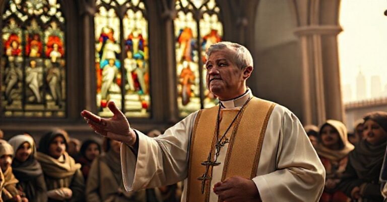 Ksiądz w tradycyjnych szatach liturgicznych obok uchodźców przed kościołem w Londynie