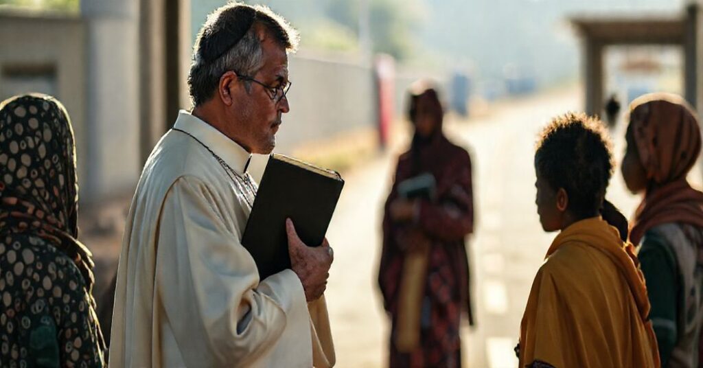 Ksiądz w tradycyjnych szatach kapłańskich stoi przy granicy, trzymając Biblię i patrząc z troskliwością na rodzinę migrancką.