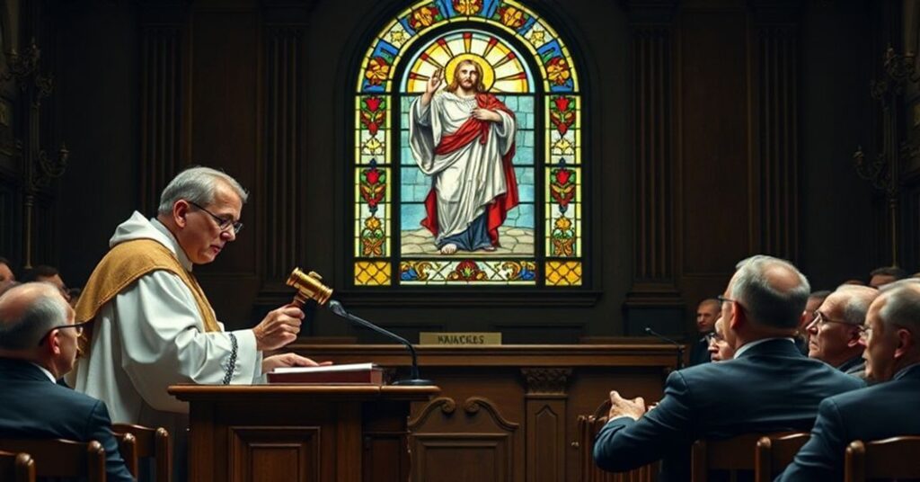 Sądowa sala sądowa w Georgii z katolickim sędzią w tradycyjnych szatach kościelnych i urzędnikiem stanowym przed oskarżeniem o fałszerstwa wyborcze.