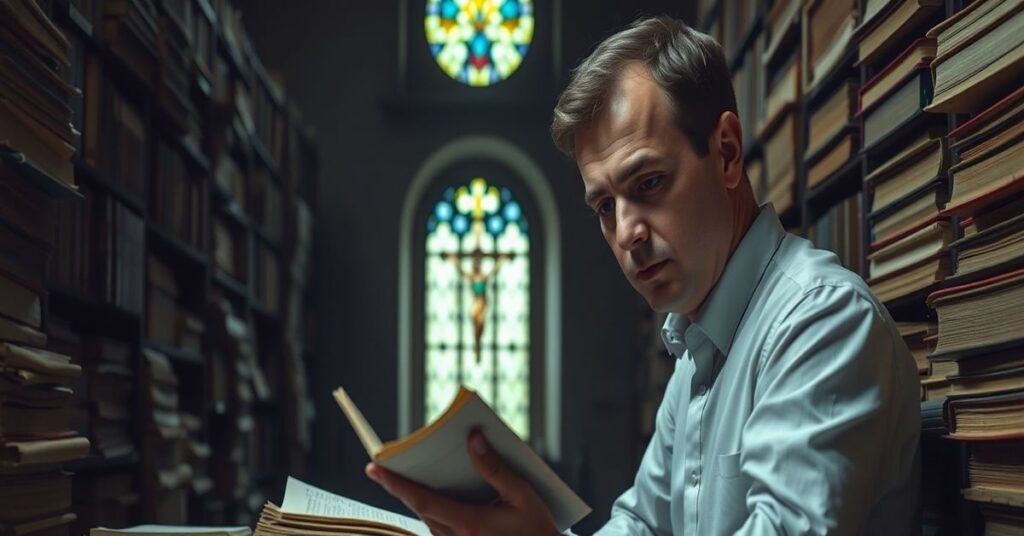 Tradycyjne katolickie przedstawienie historyka badającego archiwalia w ciemnej bibliotece