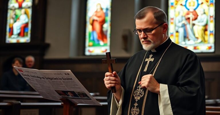Katolicki ksiądz w tradycyjnych szatach liturgicznych przygląda się wiadomościom o kanadyjskim udziale wojskowym w Ukrainie, wyrażając głęboką troskę i refleksję nad konfliktem.