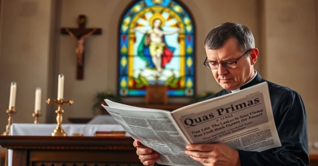 Katolicki kapłan w sutannie czytający wiadomości o konflikcie ukraińskim przy ołtarzu z krzyżem i Biblią otwartą na encyklikę Quas Primas