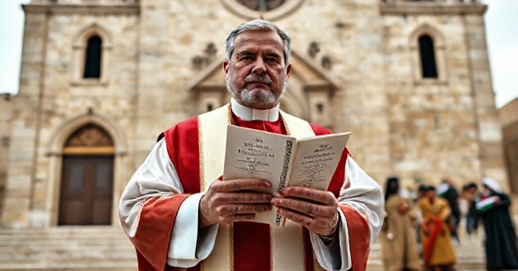 Kobieta i dziecko palestyńskie stojące w ruinach przed tradycyjnym kościołem katolickim, z kapłanem trzymającym księgę Summa Theologiae w tle