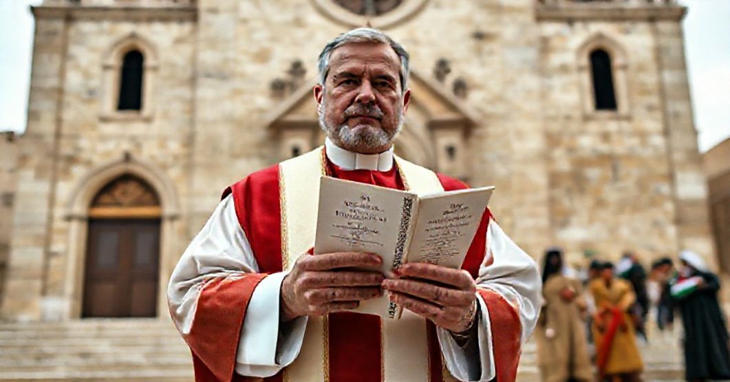 Kobieta i dziecko palestyńskie stojące w ruinach przed tradycyjnym kościołem katolickim, z kapłanem trzymającym księgę Summa Theologiae w tle