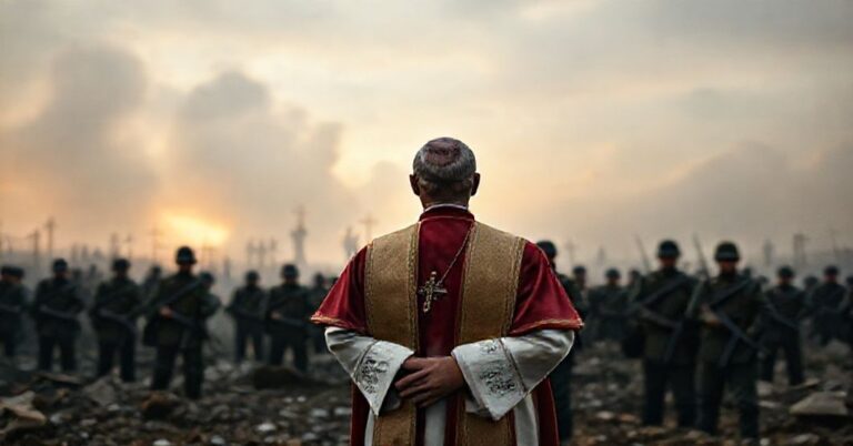 Tradycyjny ksiądz katolicki w paramencie stojący przed zniszczonym krajobrazem z żołnierzami na tle.