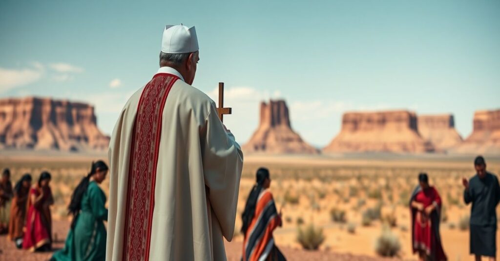 Ksiądz w ornacie modli się z rdzennymi mieszkańcami Ameryki na pustyni w Arizonie, symbolizując duchową potrzebę nawrócenia