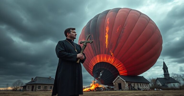 Tradycyjny ksiądz katolicki w czarnej sutannie stoi przed rozbitym balonem stratosferycznym w płomieniach, symbolizując nieudane lądowanie "Gwiazdy Polski" bez Bożej opieki.