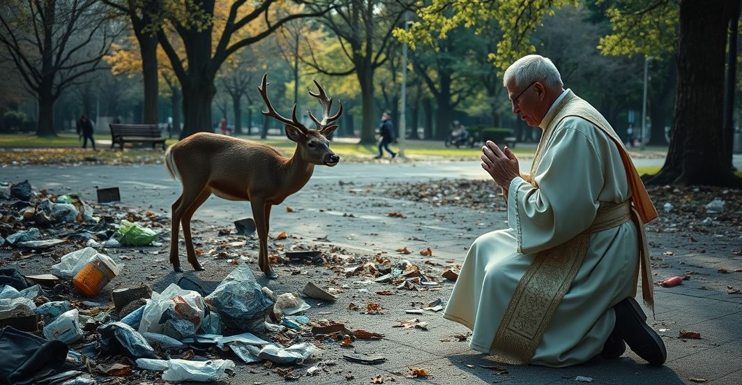 Ksiądz w szatach liturgicznych modli się w miejskim parku przy dziku, otoczony śmieciami i degradacją miejską, symbolizując katolicką perspektywę na konflikt między ludźmi a dziką przyrodą.