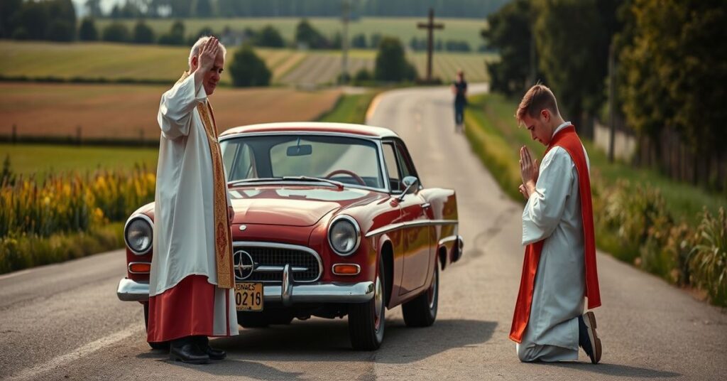 Ksiądz w tradycyjnej szacie liturgicznej błogosławi młodego kierowcę modlącego się przed samochodem na polskiej drodze wiejskiej.