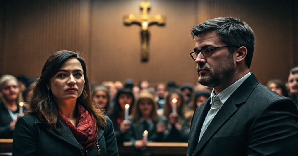 Sądowa sala z protestującymi Tamara Lich i Chris Barber przed sędzią, otoczeni przez zwolenników z pochodniami i różańcami - symbolizuje katolicką perspektywę na sprawiedliwość i opór wobec totalitaryzmu.