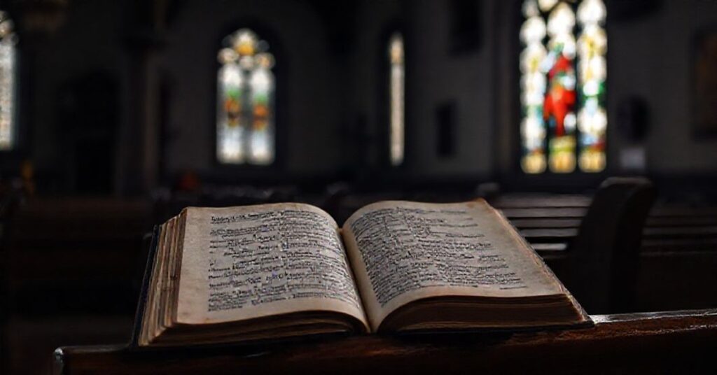 Stary kościół katolicki z otwartą księgą Modlitw z wersetem z Kazań Kapłana, w tle rozmyty artykuł o eliminacjach piłkarskich - symbolizuje marnotrawstwo światowych pasji.