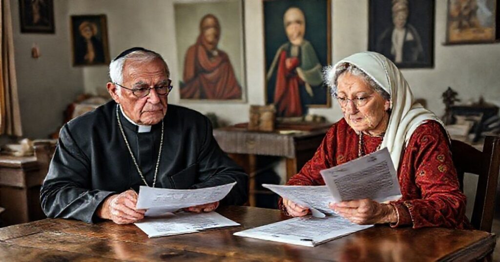 P starsza katolicka para w tradycyjnych ubraniach, siedząca przy stole z dokumentami ZUS, wyrażająca obawę z powodu polityki emerytalnej.