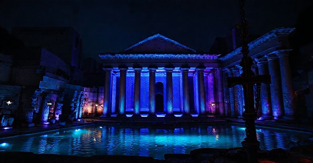 Sobótni widok term Karakalli w Rzymie z katolickiej perspektywy - starorzymskie ruiny oświetlone niebiesko-fioletowymi refleksami z elementami symboliki katolickiej.