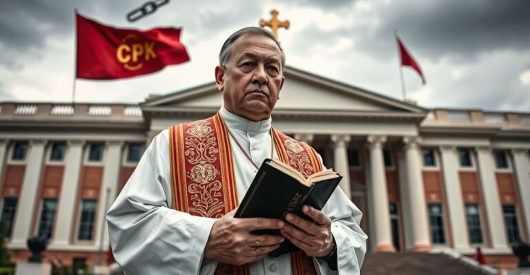 Ksiądz w tradycyjnych szatach kościelnych trzymający Biblię przed nowoczesnym budynkiem rządowym, symbolizujący upadek moralny państwa w związku z aferą CPK.